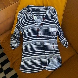Anthropologie Striped Navy and White Henley Shirt with Rainbow Stitching S/P